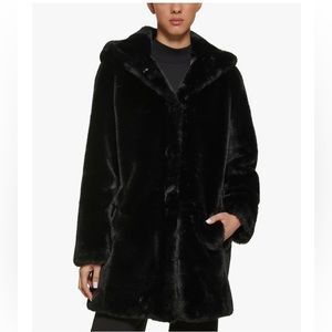 DKNY Black Women’s Hooded Faux Fur Coat.